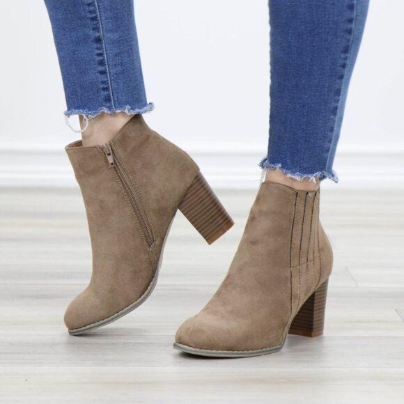 Ankle Boots Block Heel Rounded Toe Taupe Faux Suede Side Zipper High Shaft Chic - Picture 11 of 13
